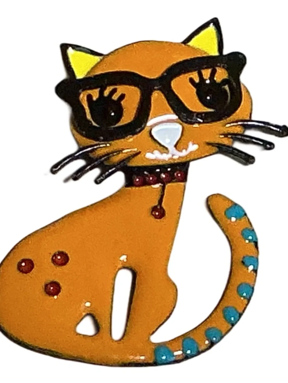 Orange Cat Brooch, Whimsicaal with Glasses, Enamel, Cute, Sitting Curled Up Tail